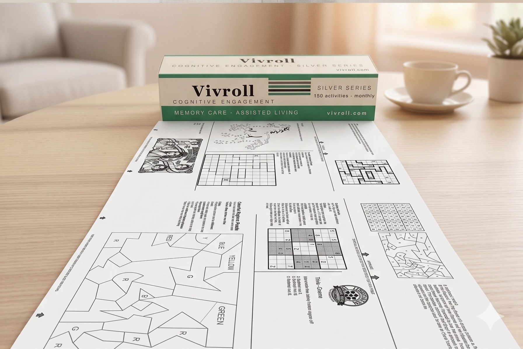 Vivroll roll unrolled on a table in a warm assisted living setting