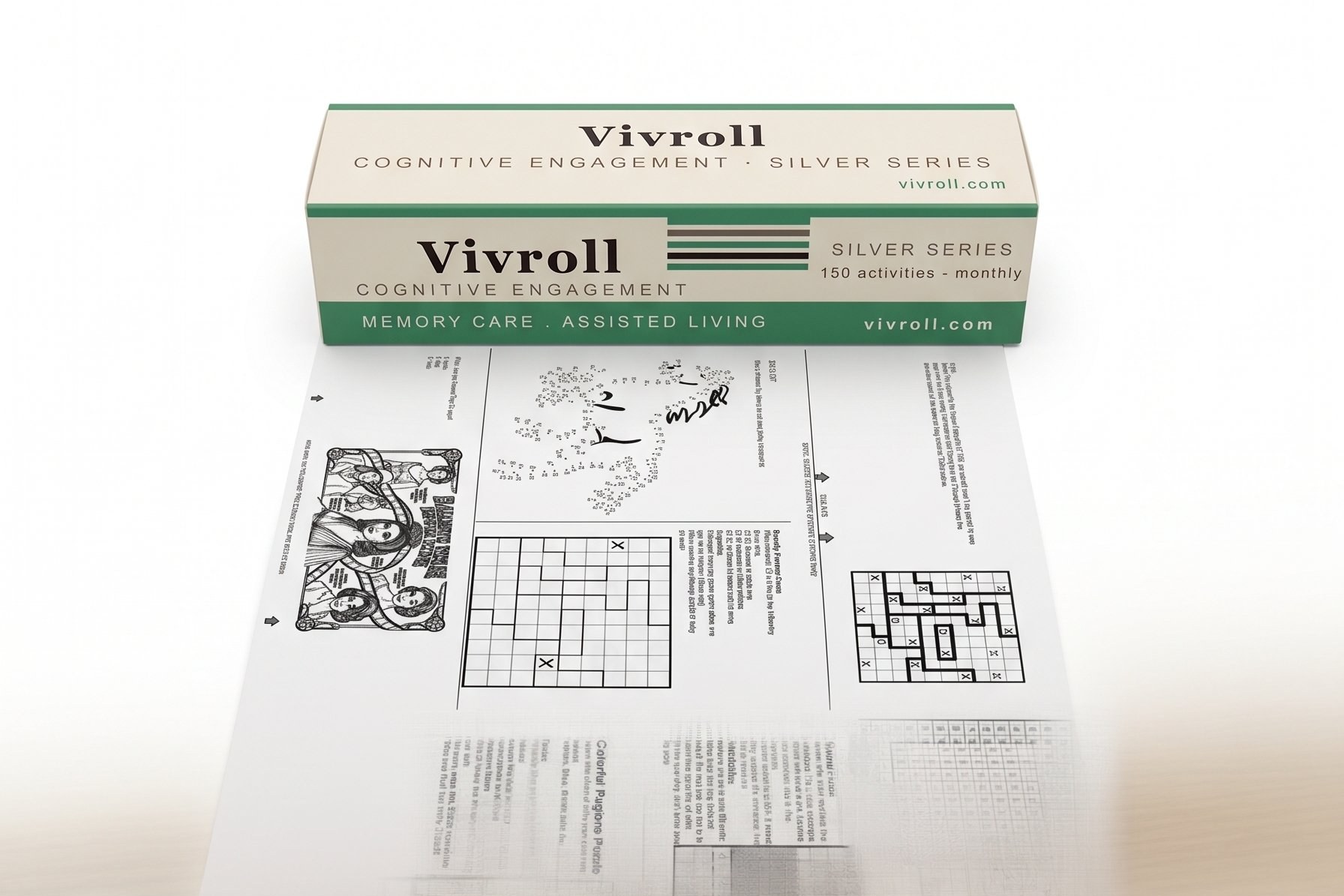 Vivroll Silver Series box with activity roll unrolled — 150 cognitive activities monthly